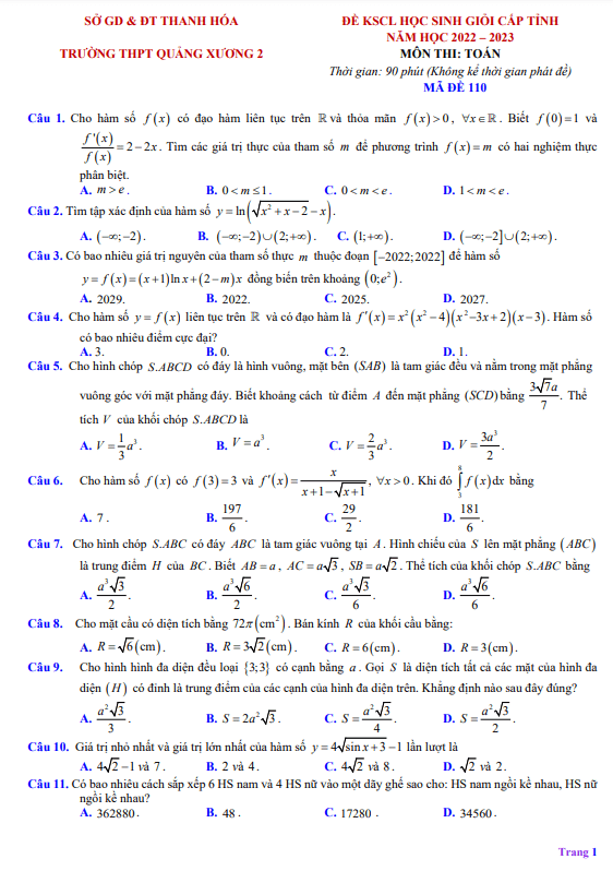 Đề HSG Toán 12 lần 2 năm 2022 – 2023 trường THPT Quảng Xương 2 – Thanh Hóa