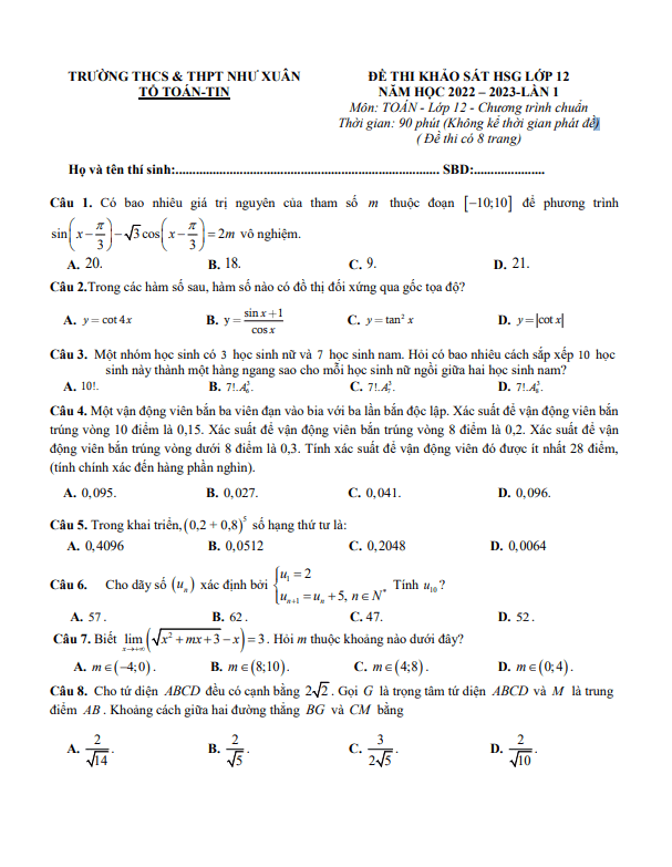 Đề HSG Toán 12 năm 2022 – 2023 lần 1 trường THCS & THPT Như Xuân – Thanh Hóa