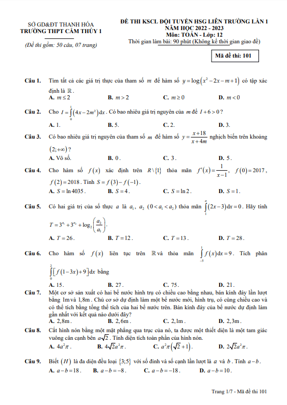 Đề HSG Toán 12 năm 2022 – 2023 lần 1 trường THPT Cẩm Thủy 1 – Thanh Hóa