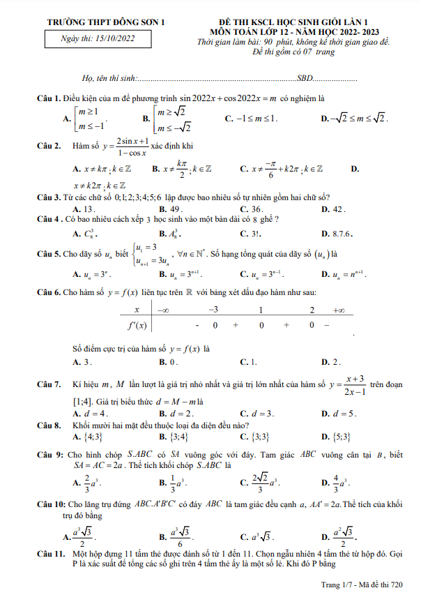 Đề HSG Toán 12 năm 2022 – 2023 lần 1 trường THPT Đông Sơn 1 – Thanh Hóa