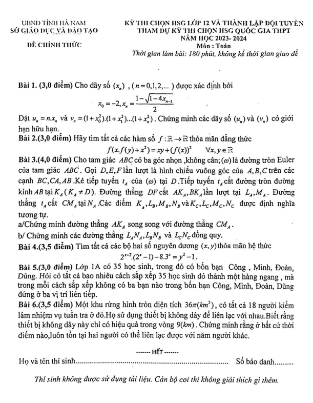 Đề HSG Toán 12 và lập đội tuyển thi HSG QG năm 2023 – 2024 sở GD&ĐT Hà Nam
