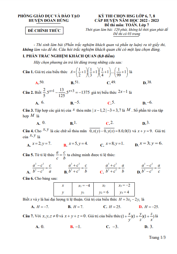 Đề HSG Toán 7 cấp huyện năm 2022 – 2023 phòng GD&ĐT Đoan Hùng – Phú Thọ