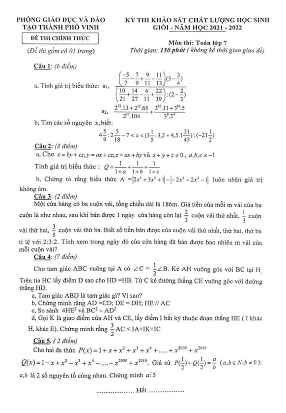 Đề HSG Toán 7 năm 2021 – 2022 phòng GD&ĐT thành phố Vinh – Nghệ An