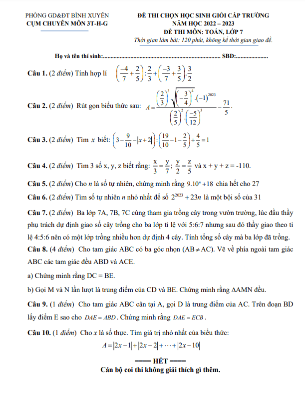 Đề HSG Toán 7 năm 2022 – 2023 cụm chuyên môn 3T-H-G Bình Xuyên – Vĩnh Phúc