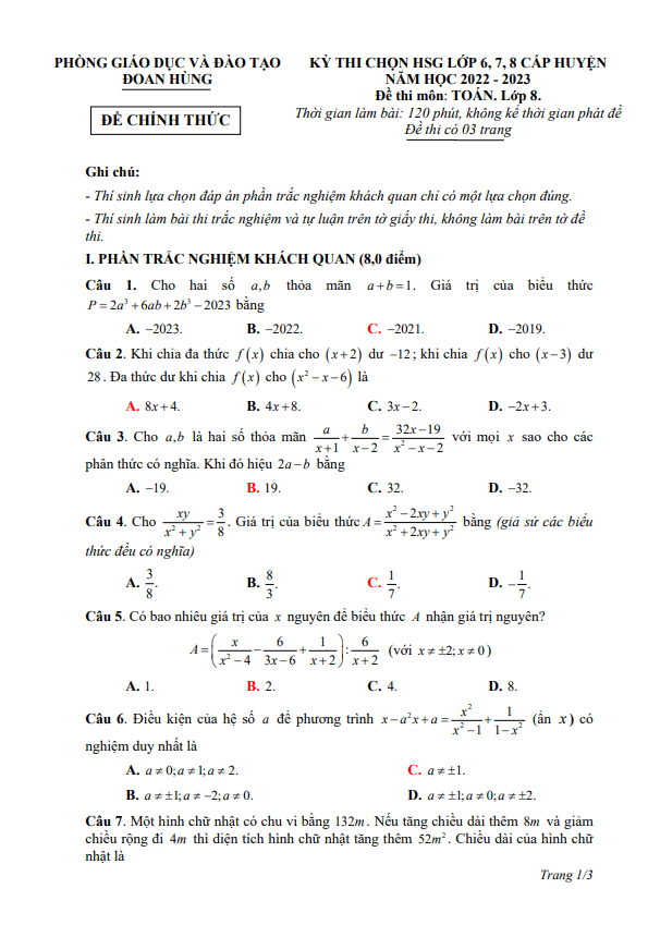 Đề HSG Toán 8 cấp huyện năm 2022 – 2023 phòng GD&ĐT Đoan Hùng – Phú Thọ