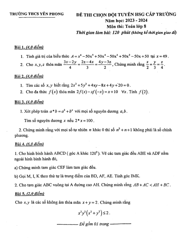 Đề HSG Toán 8 cấp trường năm 2023 – 2024 trường THCS Yên Phong – Bắc Ninh