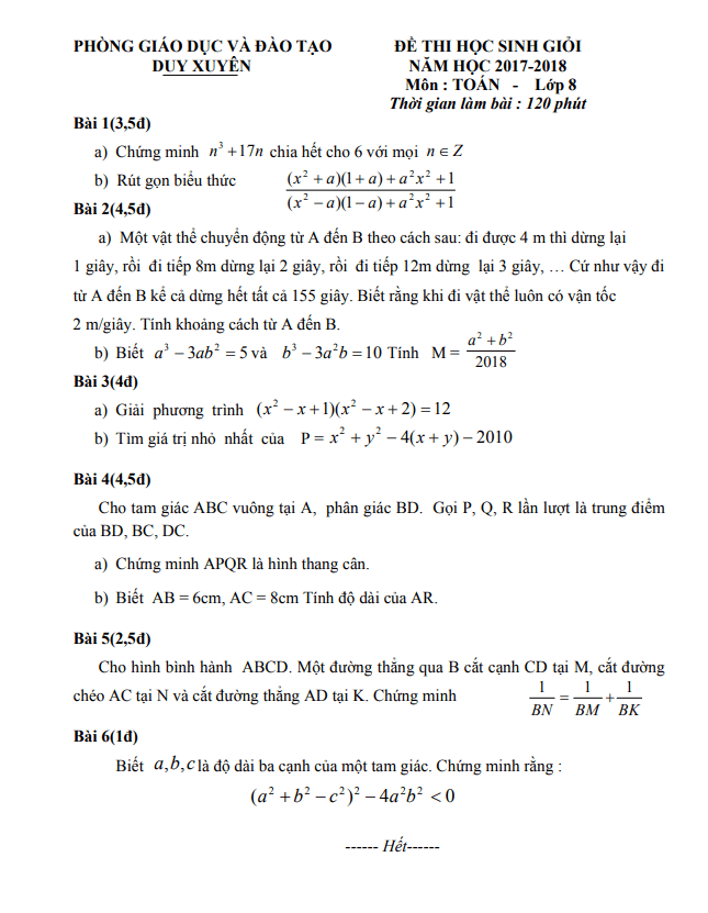 Đề HSG Toán 8 năm 2017 – 2018 phòng GD&ĐT Duy Xuyên – Quảng Nam