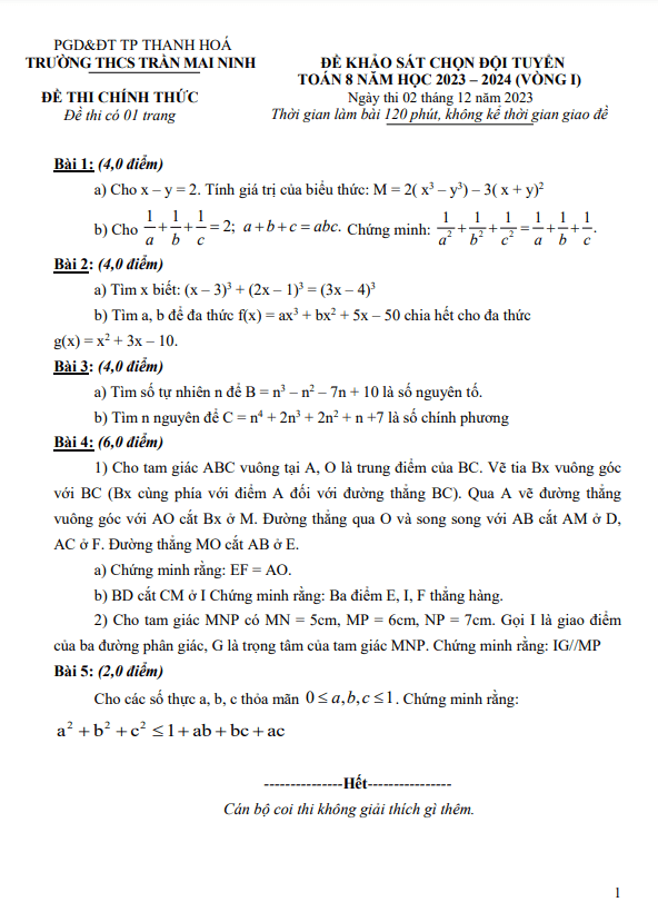 Đề HSG Toán 8 vòng 1 năm 2023 – 2024 trường THCS Trần Mai Ninh – Thanh Hóa