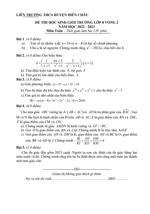 Đề HSG Toán 8 vòng 2 năm 2022 – 2023 liên trường THCS huyện Diễn Châu – Nghệ An