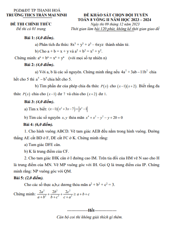 Đề HSG Toán 8 vòng 2 năm 2023 – 2024 trường THCS Trần Mai Ninh – Thanh Hóa