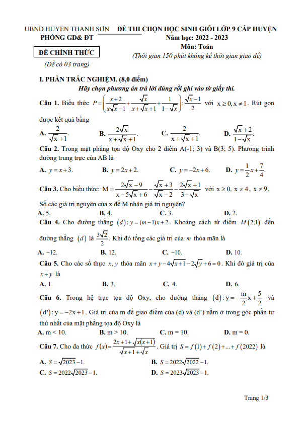 Đề HSG Toán 9 cấp huyện năm 2022 – 2023 phòng GD&ĐT Thanh Sơn – Phú Thọ