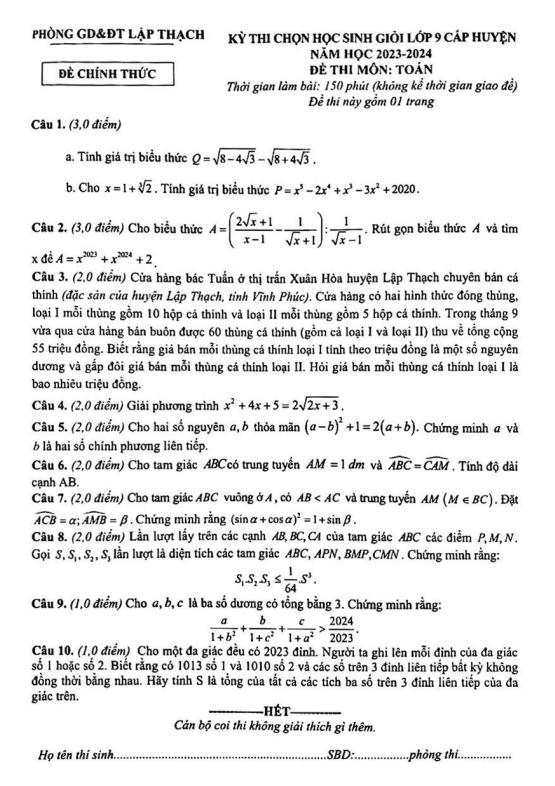 Đề HSG Toán 9 cấp huyện năm 2023 – 2024 phòng GD&ĐT Lập Thạch – Vĩnh Phúc