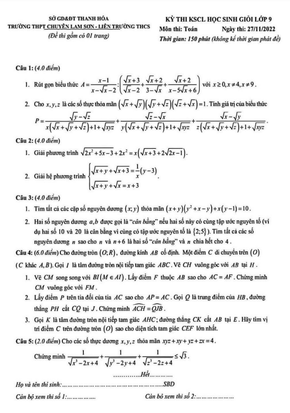 Đề HSG Toán 9 năm 2022 – 2023 trường THPT chuyên Lam Sơn – Thanh Hóa
