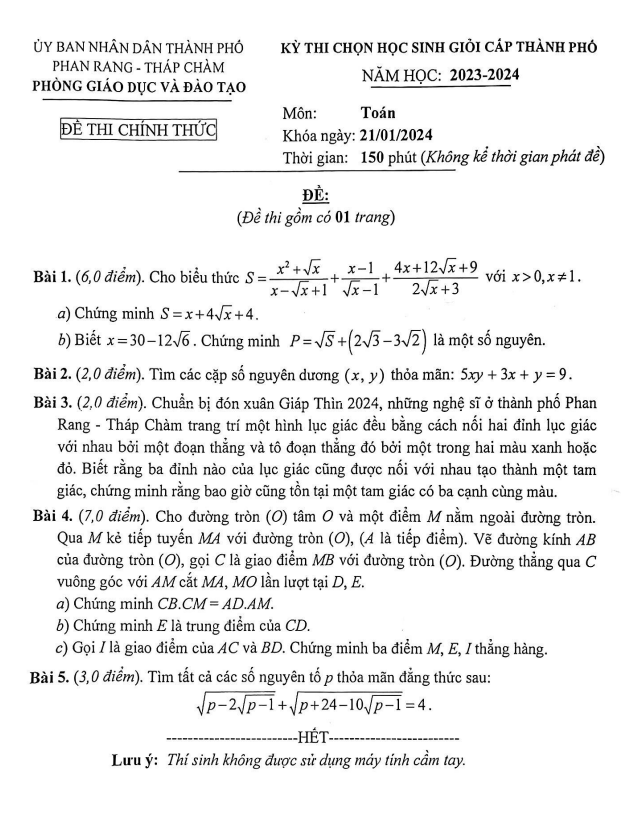 Đề HSG Toán 9 năm 2023 – 2024 phòng GD&ĐT Phan Rang – Tháp Chàm – Ninh Thuận