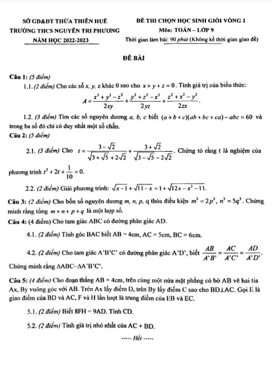 Đề HSG Toán 9 vòng 1 năm 2022 – 2023 trường THCS Nguyễn Tri Phương – TT Huế
