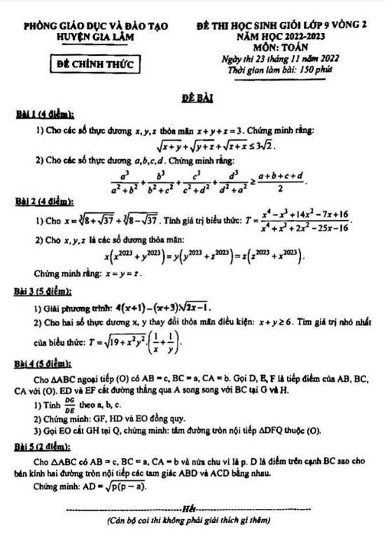 Đề HSG Toán 9 vòng 2 năm 2022 – 2023 phòng GD&ĐT Gia Lâm – Hà Nội
