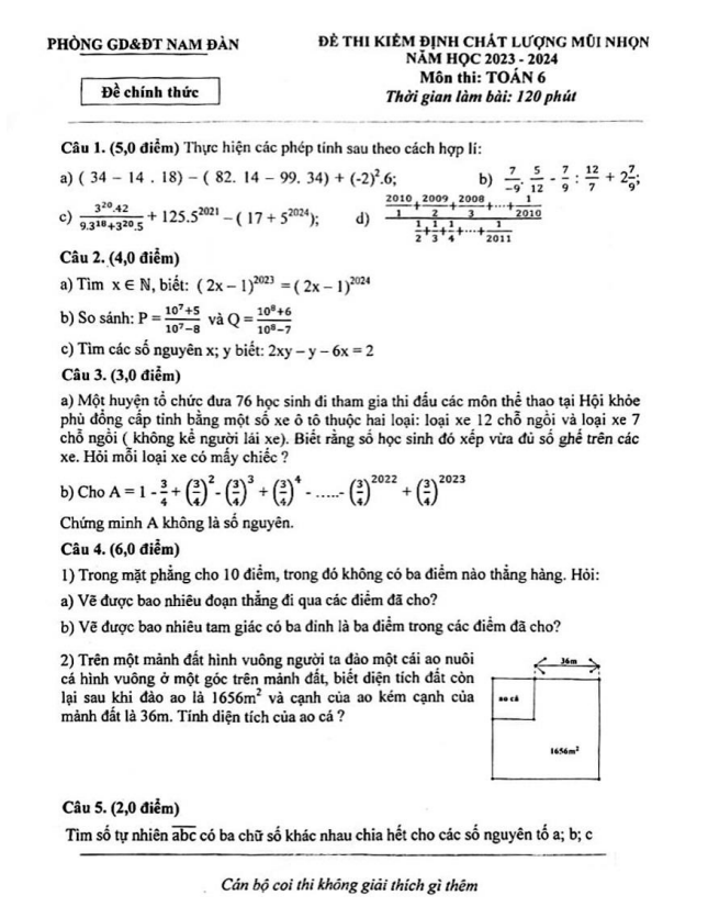 Đề KĐCL mũi nhọn Toán 6 năm 2023 – 2024 phòng GD&ĐT Nam Đàn – Nghệ An