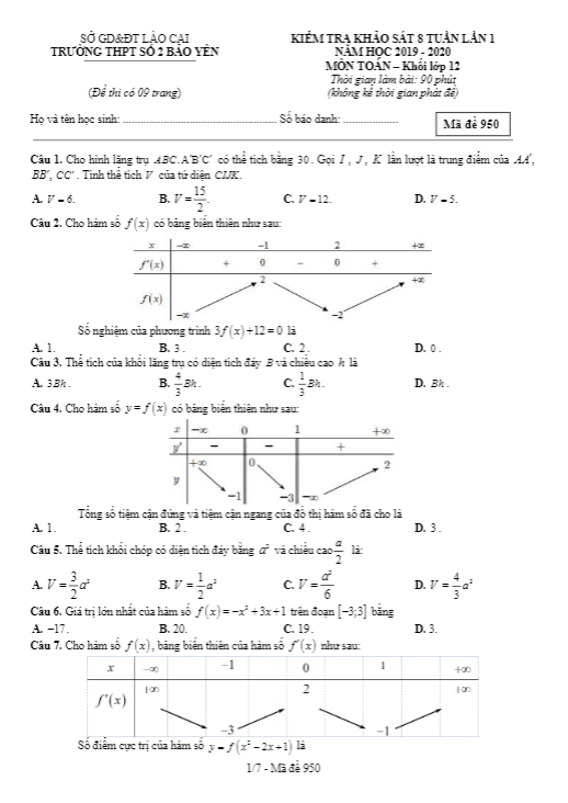 Đề khảo sát 8 tuần lần 1 Toán 12 năm 2019 – 2020 trường Bảo Yên 2 – Lào Cai