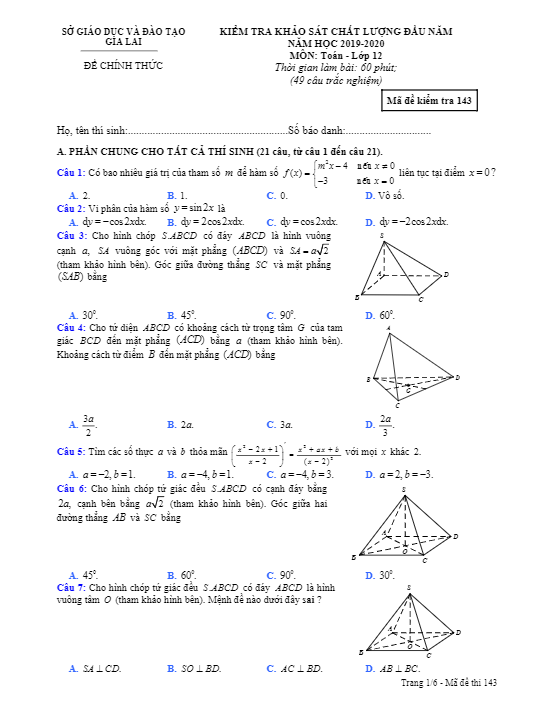 Đề khảo sát chất lượng đầu năm Toán 12 năm 2019 – 2020 sở GD&ĐT Gia Lai