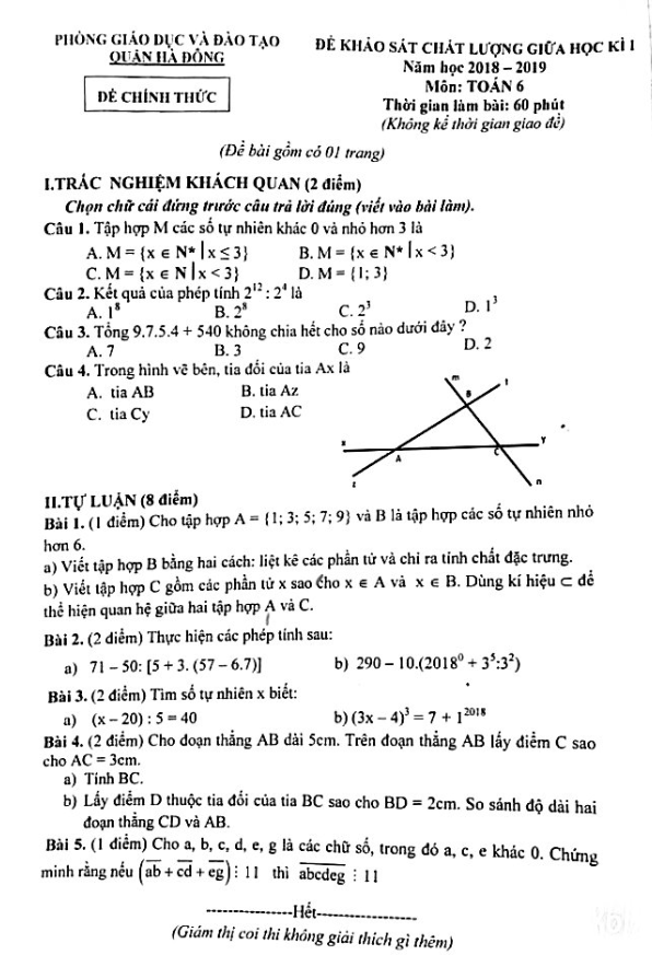 Đề khảo sát chất lượng giữa HK1 Toán 6 năm 2018 – 2019 phòng GD và ĐT Hà Đông – Hà Nội