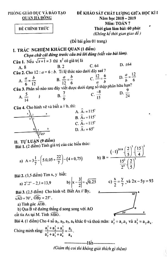Đề khảo sát chất lượng giữa HK1 Toán 7 năm 2018 – 2019 phòng GD và ĐT Hà Đông – Hà Nội