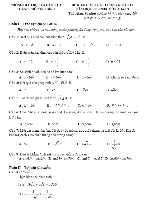 Đề khảo sát chất lượng giữa kỳ 1 năm học 2017 – 2018 môn Toán 9 phòng GD và ĐT thành phố Ninh Bình