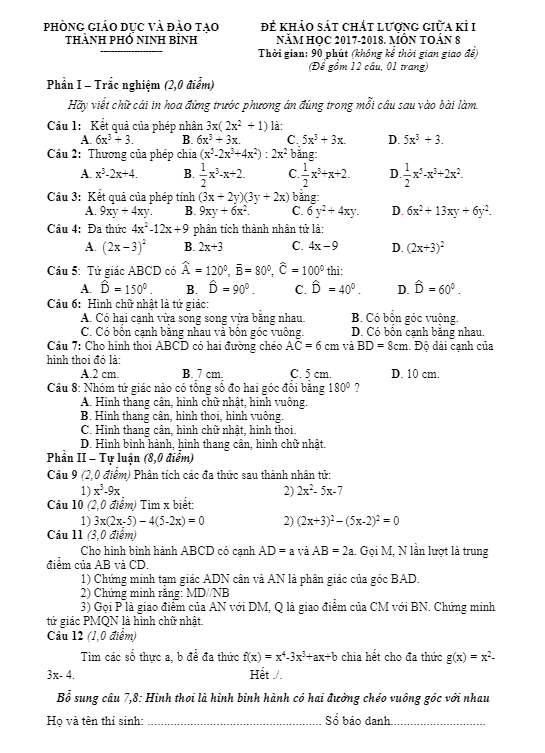 Đề khảo sát chất lượng giữa kỳ I năm học 2017 – 2018 môn Toán 8 phòng GD và ĐT thành phố Ninh Bình