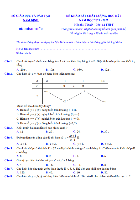 Đề khảo sát chất lượng học kỳ 1 Toán 12 năm 2021 – 2022 sở GD&ĐT Nam Định