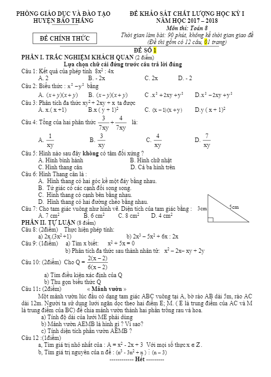 Đề khảo sát chất lượng học kỳ 1 Toán 8 năm học 2017 – 2018 phòng GD và ĐT Bảo Thắng – Lào Cai