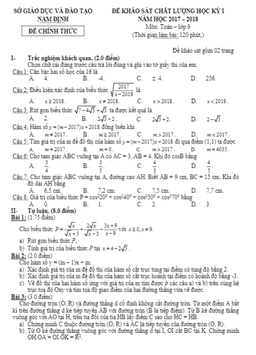 Đề khảo sát chất lượng học kỳ 1 Toán 9 năm học 2017 – 2018 sở GD và ĐT Nam Định