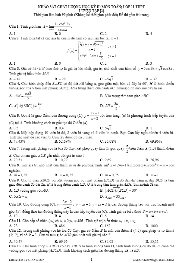 Đề khảo sát chất lượng học kỳ 2 môn Toán 11 – Lương Tuấn Đức (Đề 2)