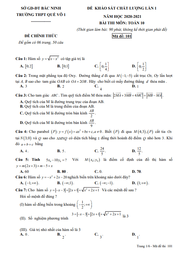 Đề khảo sát chất lượng lần 1 Toán 10 năm 2020 – 2021 trường Quế Võ 1 – Bắc Ninh