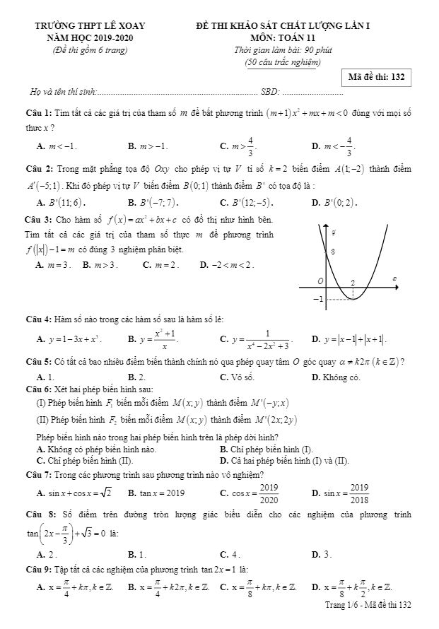 Đề khảo sát chất lượng lần 1 Toán 11 năm 2019 – 2020 trường Lê Xoay – Vĩnh Phúc
