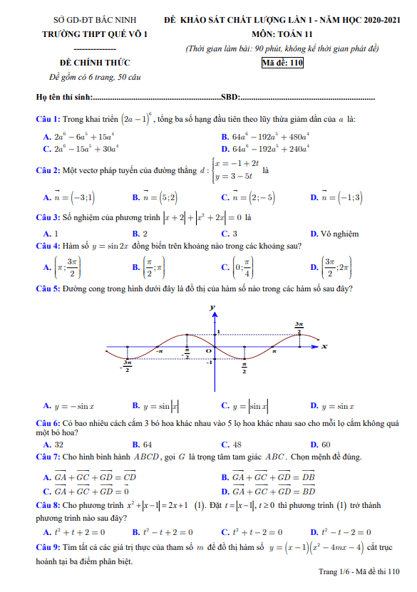 Đề khảo sát chất lượng lần 1 Toán 11 năm 2020 – 2021 trường Quế Võ 1 – Bắc Ninh