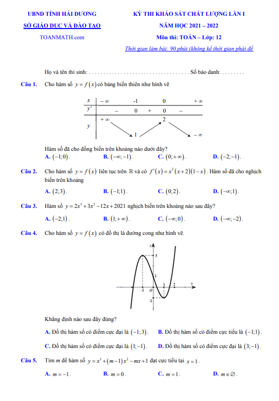 Đề khảo sát chất lượng lần 1 Toán 12 năm 2021 – 2022 sở GD&ĐT Hải Dương