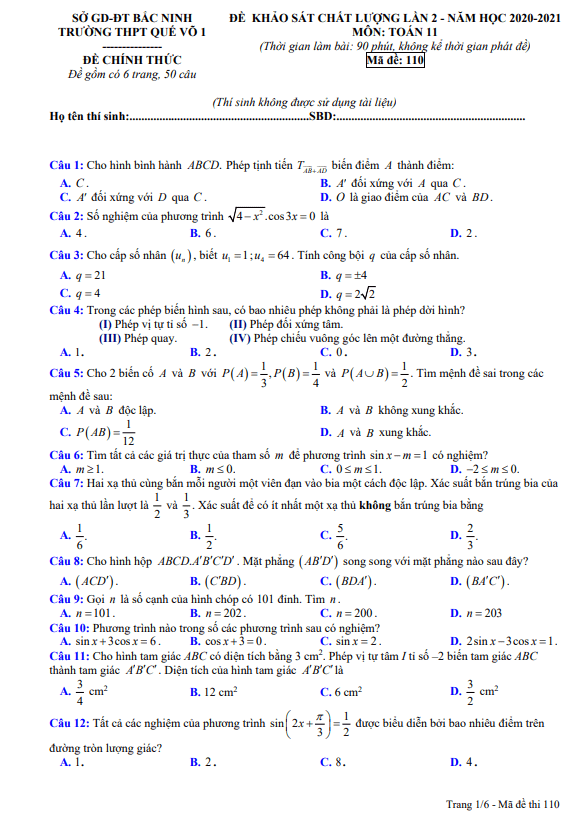 Đề khảo sát chất lượng lần 2 Toán 11 năm 2020 – 2021 trường Quế Võ 1 – Bắc Ninh