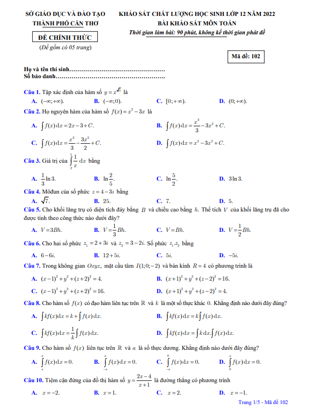 Đề khảo sát chất lượng lớp 12 môn Toán năm 2022 sở GD&ĐT Cần Thơ