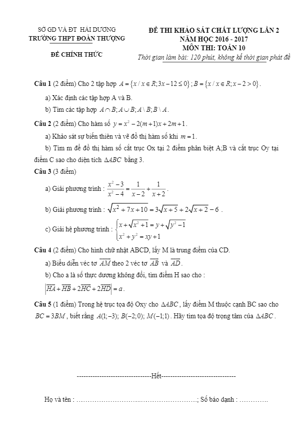 Đề khảo sát chất lượng môn Toán 10 trường Đoàn Thượng – Hải Dương lần 2