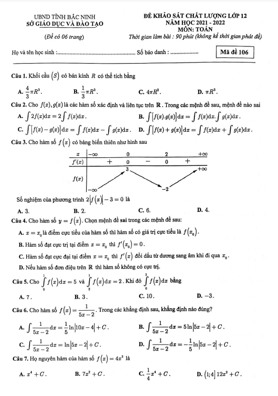 Đề khảo sát chất lượng môn Toán 12 năm 2021 – 2022 sở GD&ĐT Bắc Ninh