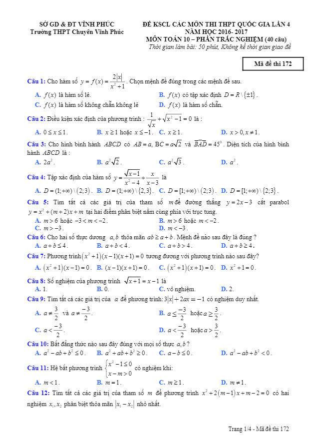 Đề khảo sát chất lượng môn Toán lớp 10 trường THPT chuyên Vĩnh Phúc lần 4