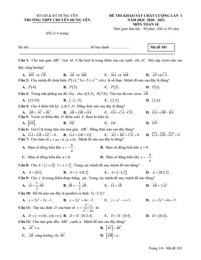 Đề khảo sát chất lượng Toán 10 lần 1 năm 2020 – 2021 trường THPT chuyên Hưng Yên