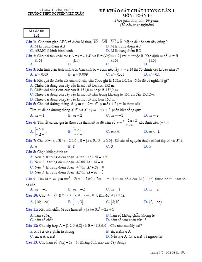 Đề khảo sát chất lượng Toán 10 năm 2018 – 2019 trường Nguyễn Viết Xuân – Vĩnh Phúc lần 1