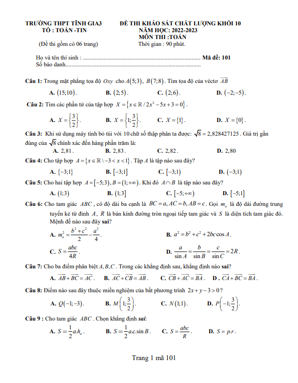 Đề khảo sát chất lượng Toán 10 năm 2022 – 2023 trường Tĩnh Gia 3 – Thanh Hóa