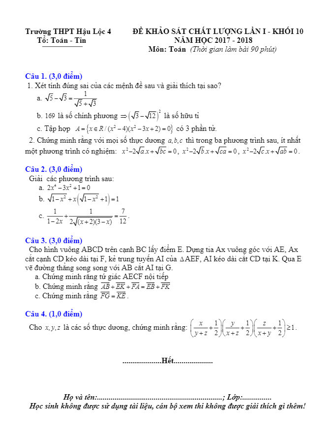 Đề khảo sát chất lượng Toán 10 năm học 2017 – 2018 trường THPT Hậu Lộc 4 – Thanh Hóa lần 1