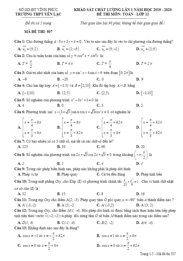 Đề khảo sát chất lượng Toán 11 lần 1 năm 2019 – 2020 trường Yên Lạc – Vĩnh Phúc