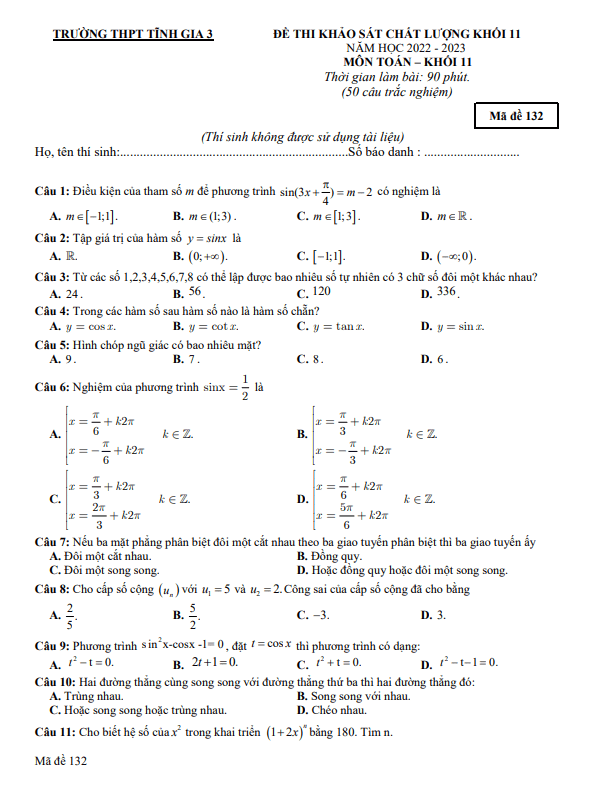 Đề khảo sát chất lượng Toán 11 năm 2022 – 2023 trường Tĩnh Gia 3 – Thanh Hóa
