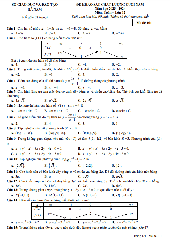 Đề khảo sát chất lượng Toán 12 cuối năm 2023 – 2024 sở GD&ĐT Hà Nam