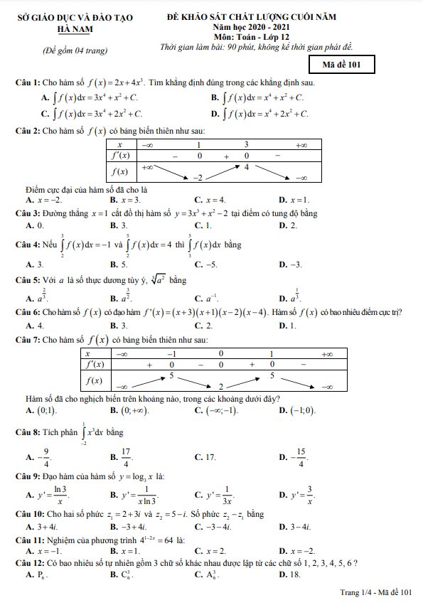 Đề khảo sát chất lượng Toán 12 cuối năm học 2020 – 2021 sở GD&ĐT Hà Nam