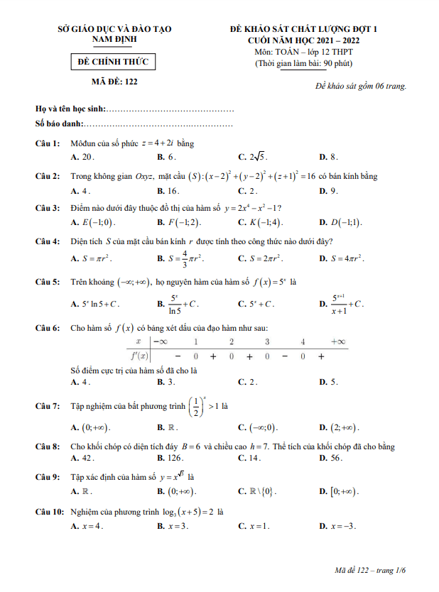 Đề khảo sát chất lượng Toán 12 đợt 1 cuối năm 2021 – 2022 sở GD&ĐT Nam Định