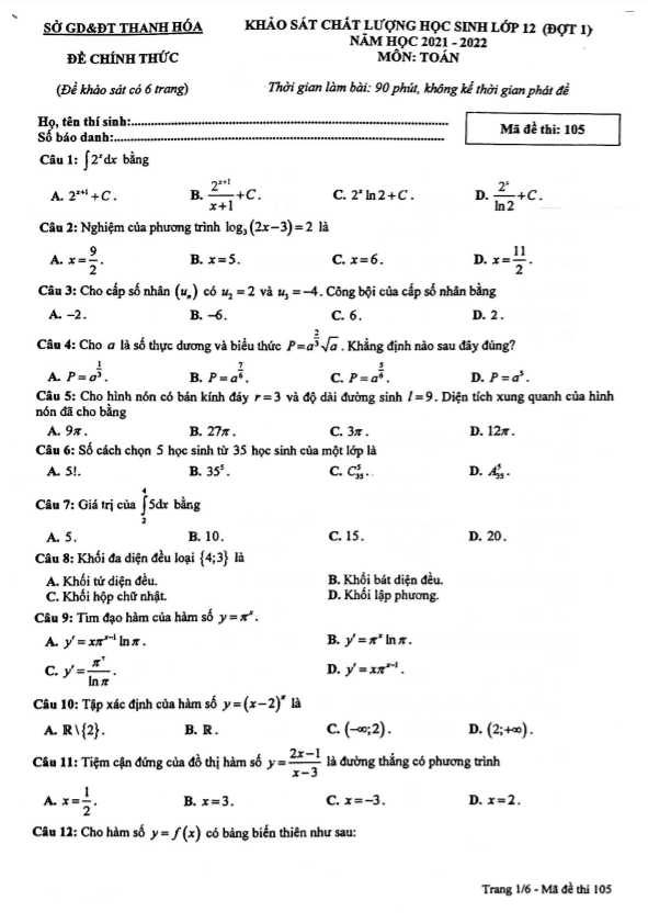 Đề khảo sát chất lượng Toán 12 (đợt 1) năm 2021 – 2022 sở GD&ĐT Thanh Hóa